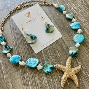 VINMOD Designs Coastal Gold Starfish, Blue & Cream Shell Necklace & Earring 20"+
